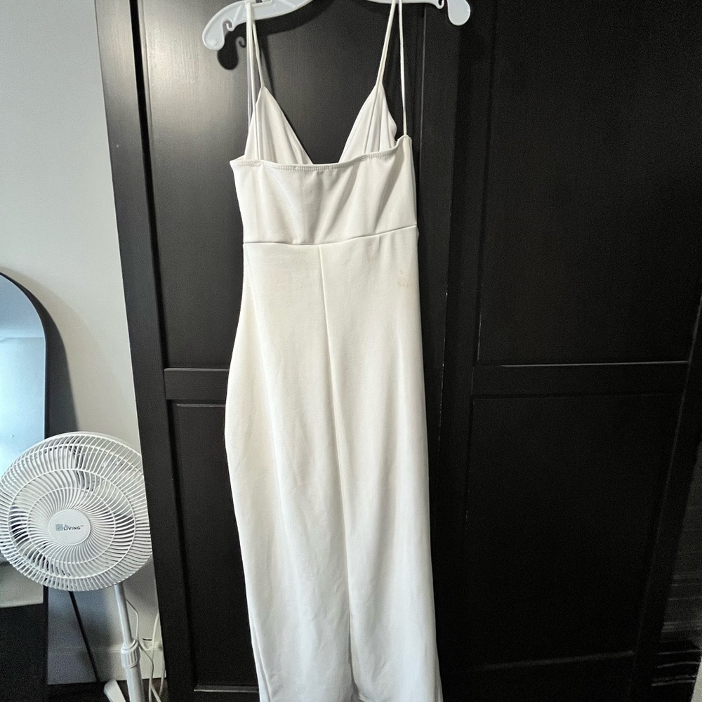 White Asymmetrical Ruched Gown with Plunge Neckline - Picture 4 of 4